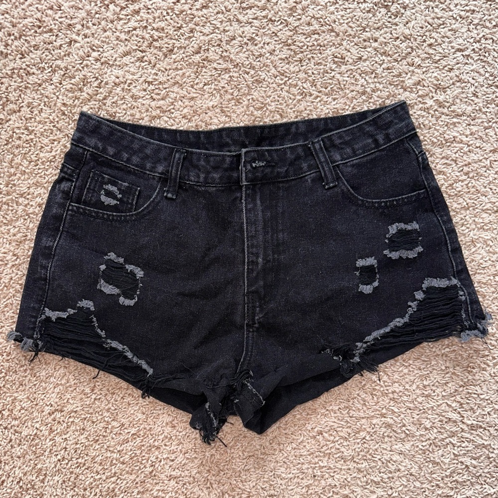 Black distressed denim shorts